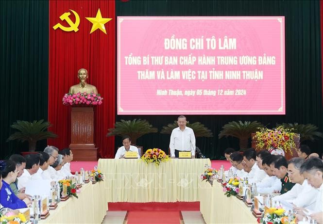 Tổng Bí thư Tô Lâm chủ trì buổi làm việc với tỉnh Ninh Thuận. Ảnh: Thống Nhất/TTXVN