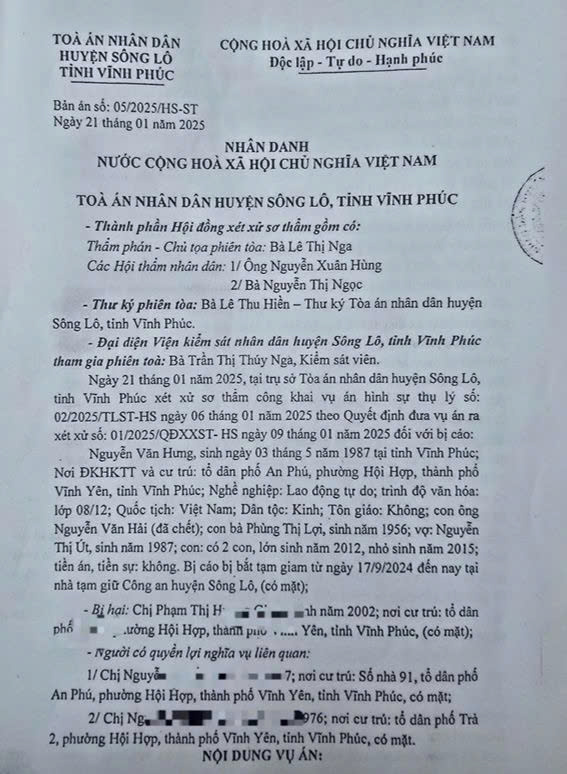 Bản án số 05/2025/HS-ST của Tòa án Nhân dân huyện Sông Lô. Ảnh: G.H